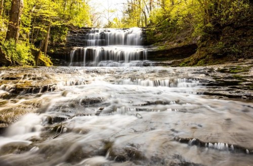 A serene waterfall cascades over rocky ledges, surrounded by lush green trees and a tranquil stream below.