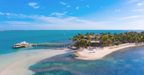 Aerial view of a tropical beach with a pier, palm trees, and clear blue water under a bright sky.