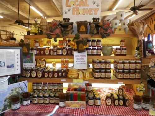 A display of various jars of local honey on a wooden shelf, decorated with bees and bears, with a checkered tablecloth.