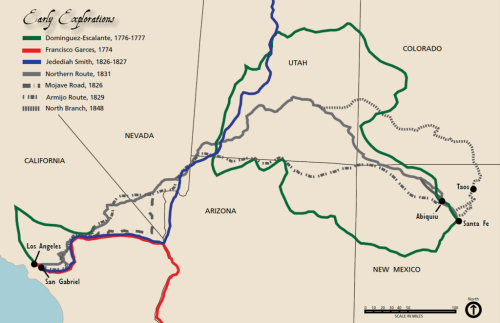 Map showing early exploration routes in the western U.S. from 1776 to 1848, highlighting key trails and locations.
