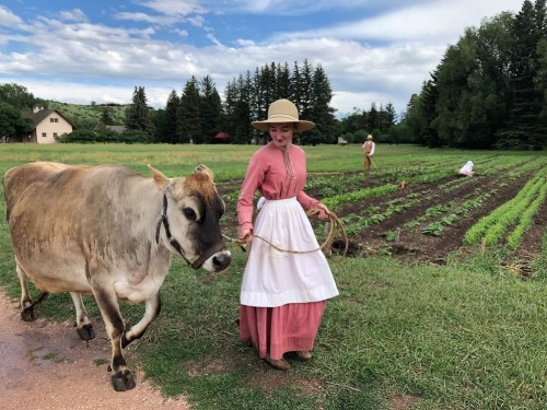 A woman in historical attire leads a cow through a field, with another person working in the background.