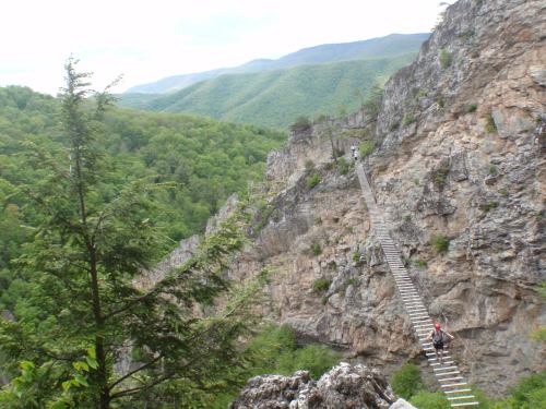 A narrow wooden bridge spans a rocky cliff, surrounded by lush green mountains under a cloudy sky.