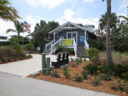 A blue beach house with a porch, surrounded by palm trees and plants, featuring a U.S. flag and benches in front.