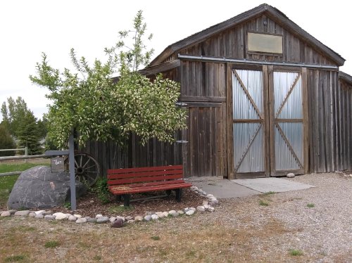 A rustic wooden barn with a metal door, a bench, and a flowering tree in a gravel area.