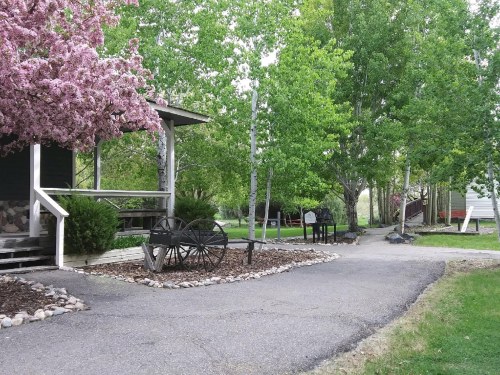 A scenic pathway lined with trees and pink blossoms, featuring a wooden porch and a vintage wagon wheel.