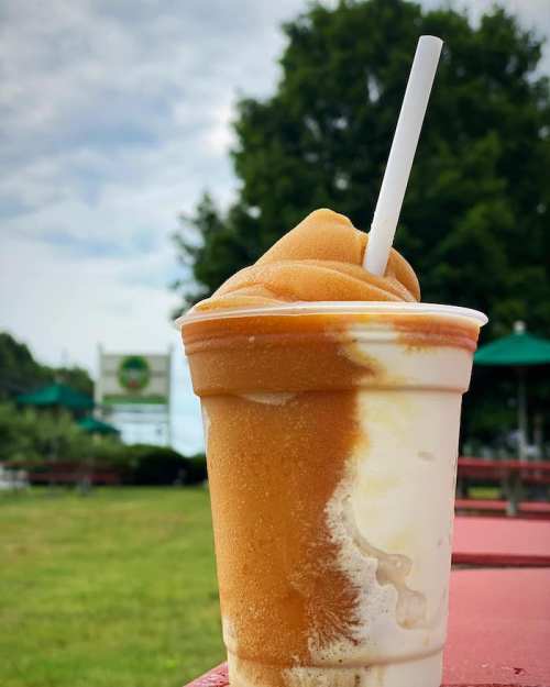 A frosty drink with a swirl of caramel and cream, topped with a straw, set against a green outdoor background.
