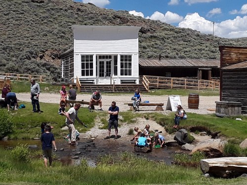 A group of people, including children, explore a stream near historic buildings in a scenic outdoor setting.