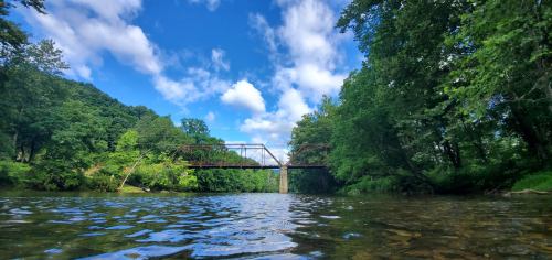 A serene river scene with a bridge, surrounded by lush greenery and a blue sky with fluffy clouds.