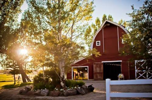 A red barn surrounded by trees and sunlight, with a garden in front and a clear blue sky in the background.