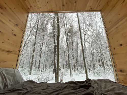 Cozy interior view of a wooden cabin with a large window overlooking a snowy forest.