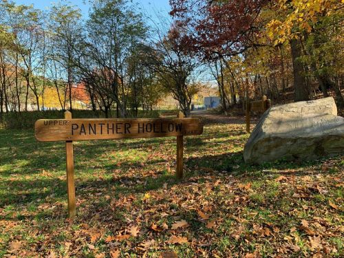 A wooden sign reading "Upper Panther Hollow" in a park with autumn foliage and a large rock nearby.