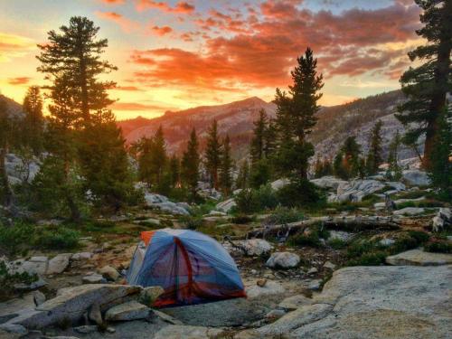 A colorful tent set against a stunning sunset in a mountainous forest landscape.