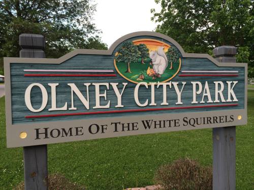 Sign for Olney City Park, featuring a squirrel illustration and the text "Home of the White Squirrels." Green background.