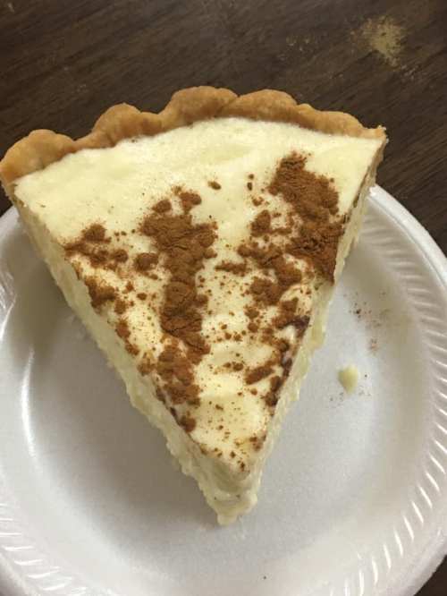 A slice of creamy pie with a golden crust, topped with a sprinkle of cinnamon, on a white paper plate.