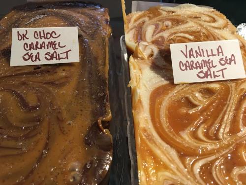 Two types of caramel desserts: one labeled "Dr Choc Caramel Sea Salt" and the other "Vanilla Caramel Sea Salt."