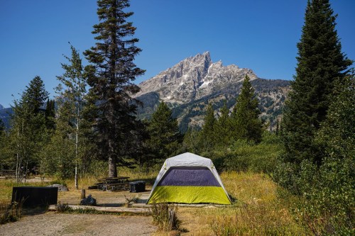 A tent set up in a scenic campsite with tall trees and a mountain backdrop under a clear blue sky.