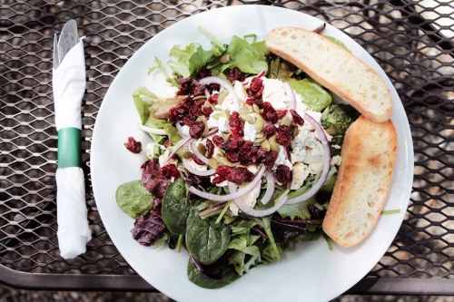 A fresh salad with mixed greens, onions, cranberries, and two slices of toasted bread on a plate.