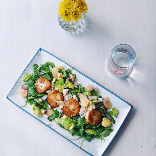 A vibrant salad with greens, avocado, grapefruit, and seared scallops, served on a blue plate with a glass of water.