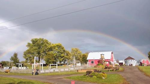 A vibrant rainbow arcs over a red barn and farm, surrounded by greenery and a cloudy sky.