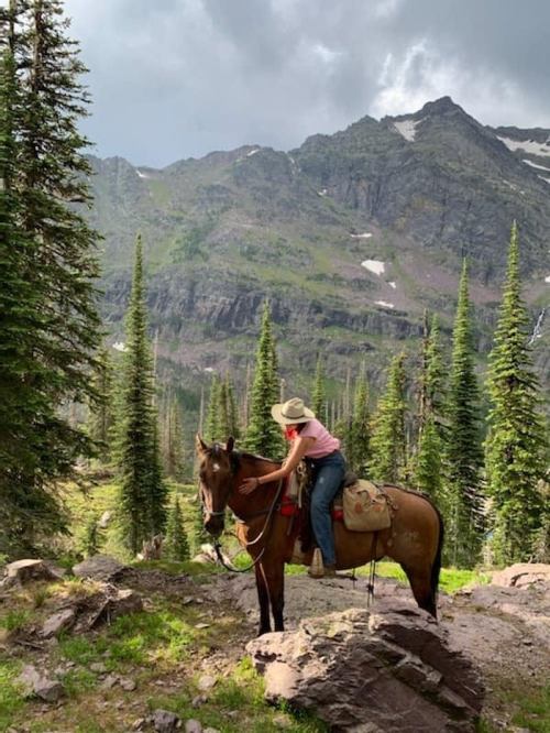 A person in a cowboy hat rides a horse in a mountainous forest landscape with tall trees and rocky terrain.