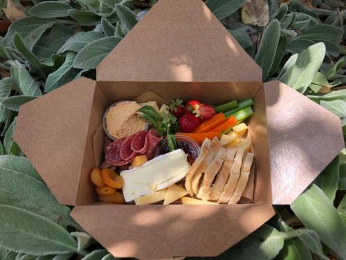 A picnic box filled with cheese, meats, fruits, vegetables, and bread, set on a bed of green leaves.
