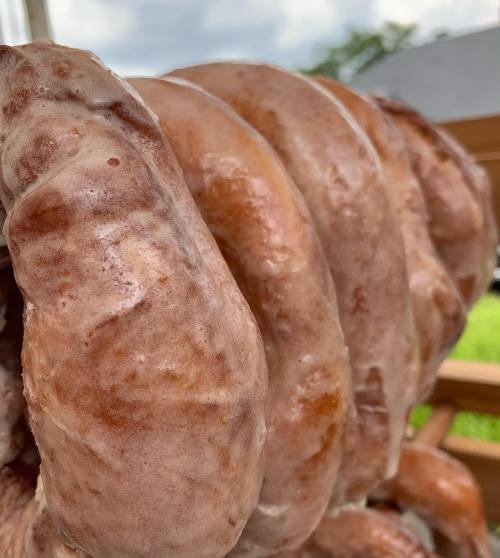 Close-up of a large, coiled sausage with a shiny, brown exterior, set against a blurred outdoor background.