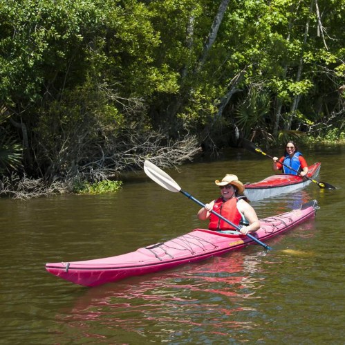 Two people kayaking on a calm river, surrounded by lush greenery, enjoying a sunny day outdoors.