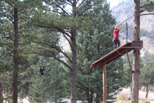 Two people ziplining between trees, one on a platform and the other mid-zipline, surrounded by tall pine trees.