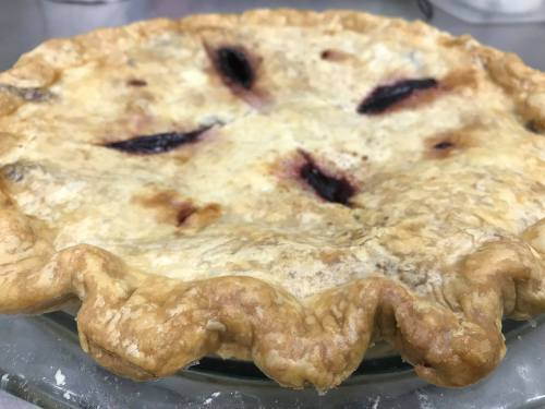 A freshly baked pie with a golden crust and fruit filling, featuring a decorative edge and steam vents on top.