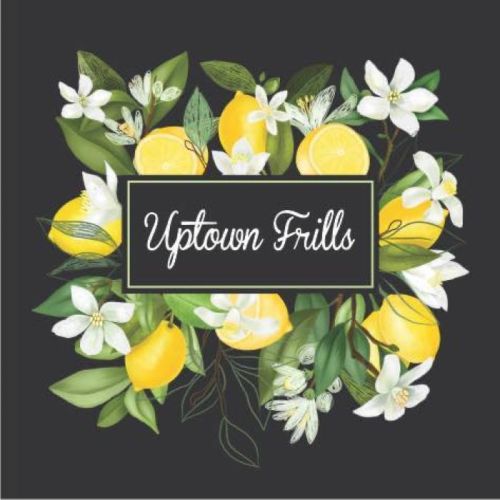 A floral design featuring lemons and white flowers, with the text "Uptown Frills" in the center on a dark background.
