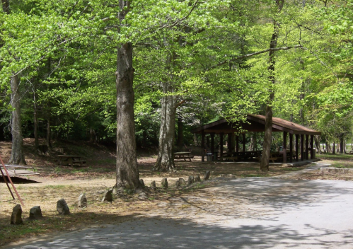 A shaded picnic area with a wooden shelter surrounded by lush green trees and a gravel path.