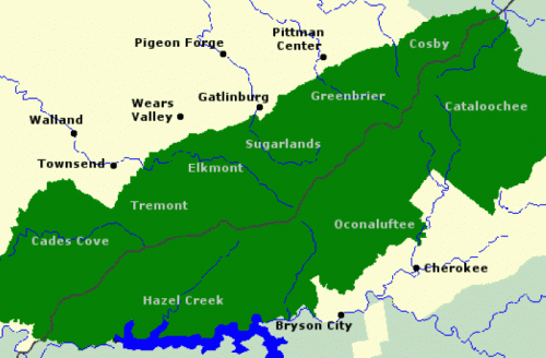Map of the Great Smoky Mountains National Park, highlighting various towns and natural features in green.