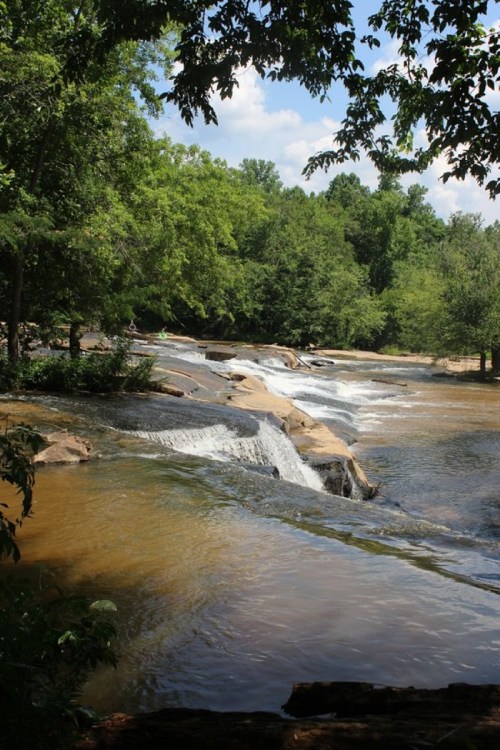 A serene river with gentle waterfalls surrounded by lush green trees under a bright blue sky.