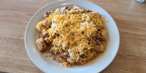 A plate of loaded tater tots topped with cheese, beef, and chopped onions on a wooden table.