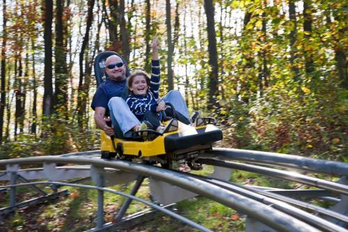 A man and a child joyfully ride a roller coaster through a forested area with autumn leaves.