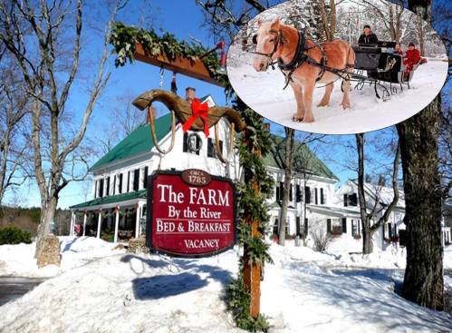 A snowy scene featuring a bed and breakfast sign, with a horse-drawn sleigh ride in an inset image.