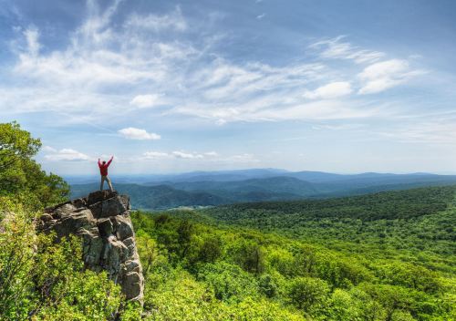 A person in a red shirt stands triumphantly on a rock, overlooking a lush green valley and distant mountains under a blue sky.