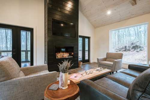 Cozy living room with a modern fireplace, comfortable seating, and large windows overlooking a wooded area.