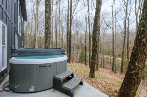 A hot tub sits on a patio surrounded by tall trees and a serene forest landscape.