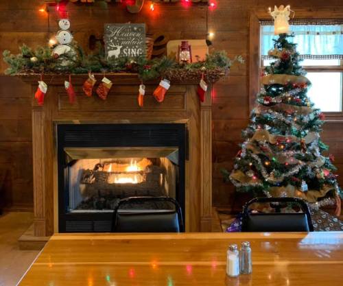Cozy holiday scene with a decorated Christmas tree, stockings on the mantel, and a warm fireplace.
