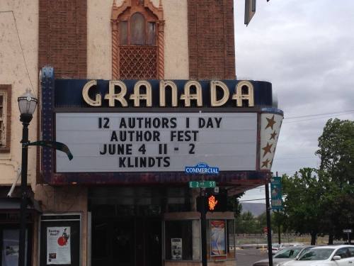 Marquee of the Granada Theater announcing "12 Authors 1 Day Author Fest" on June 4 from 11 AM to 2 PM.