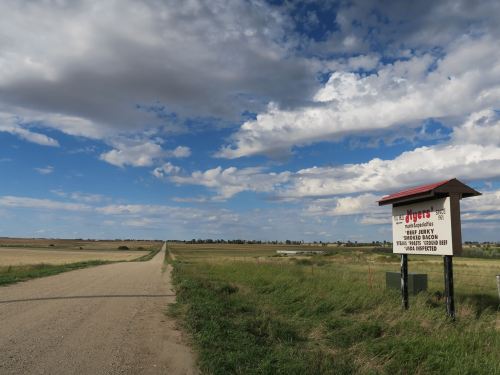 A gravel road stretches into the distance under a blue sky with clouds, next to a sign for a local business.