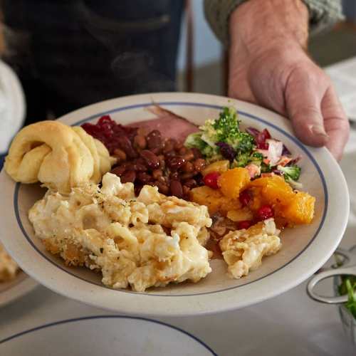 A person holds a plate with macaroni and cheese, beans, salad, cranberry sauce, and a roll.