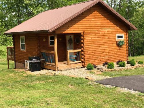 A cozy log cabin with a metal roof, porch, and grill, surrounded by greenery and a gravel path.