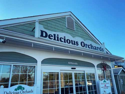 Signage of "Delicious Orchards" on a building with a clear blue sky in the background.