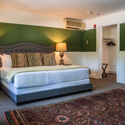 Cozy bedroom with a green accent wall, a bed with decorative pillows, a lamp, and a small closet area.