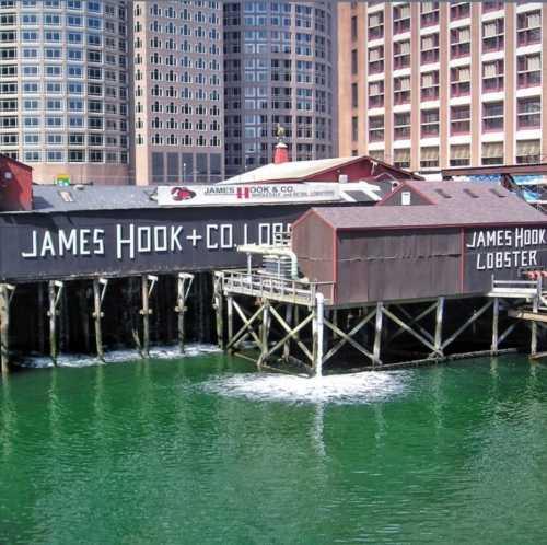 A waterfront scene featuring the James Hook & Co. Lobster building and surrounding urban architecture.