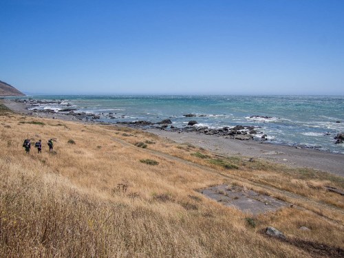 Two hikers walk along a grassy shoreline with rocky coast and waves under a clear blue sky.