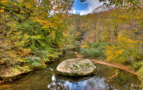 A serene river flows through a colorful autumn forest, with rocks and trees reflecting in the calm water.