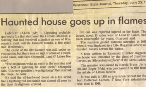 Newspaper article titled "Haunted house goes up in flames," discussing the fire at the Lander Mansion in Land O' Lakes.